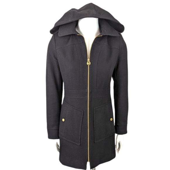 Michael Kors Jackets & Blazers - Michael Kors Black Wool Jacket Coat Womens XS Gold Hooded